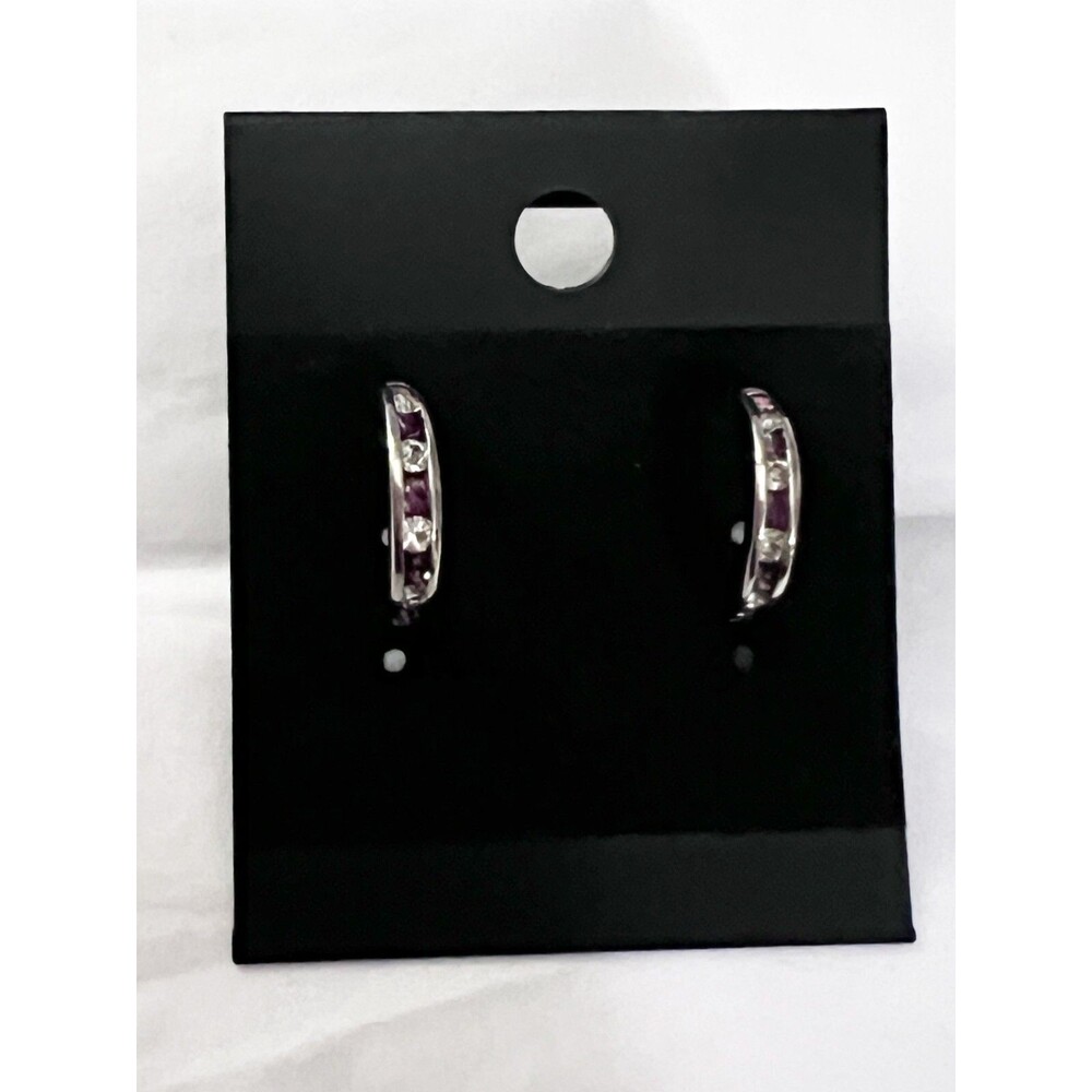 Vtg Silver Plated Rhinestone Purple Stone Half Hoop Earrings Pierced February